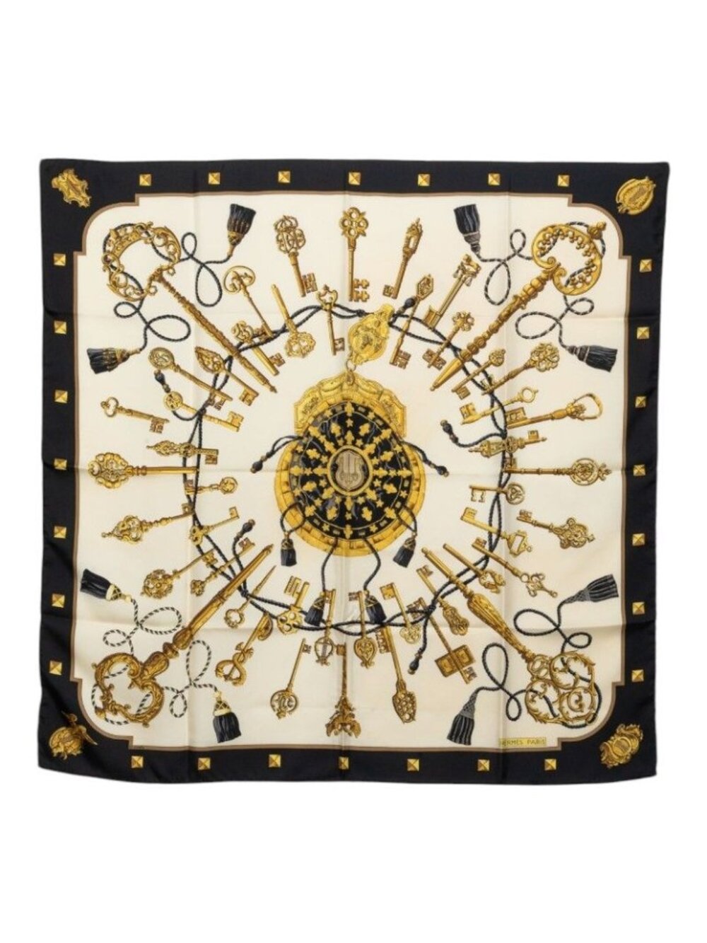 Hermes Carre 90 les Cles Scarf Black White Yellow Silk